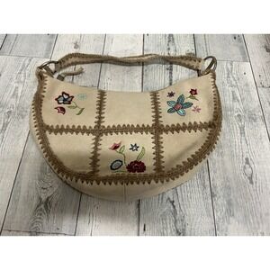 Bisou Bisou Y2K Patchwork Embroidered Shoulder Bag Cream Color, Flowers